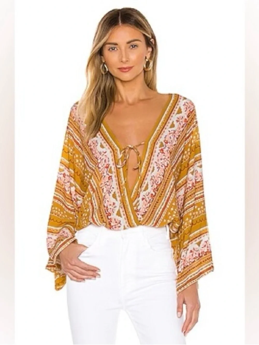 Free People Boho Tie Front Bodysuit, Gold Combo Sz S
